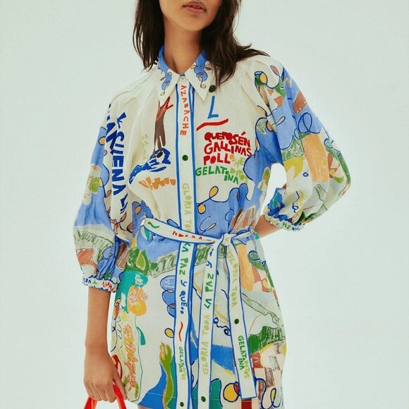 Multicolor Boho Womens Casual Belted Print Single-Breasted Versatile Shirt Dress - Picture 1 of 4